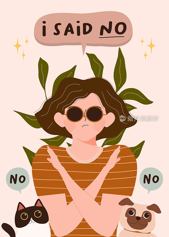 No means no concept vector illustration. woman expressing denial NO with her hand and in the speech bubble. Stop domestic violence and crime against females. banner, poster print and other